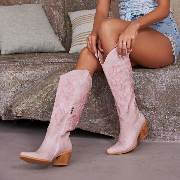 ⚡Women's Pink Knee High Cowgirl Boots with Retro Floral Embroidered Chunky Heel - Picture 4 of 5